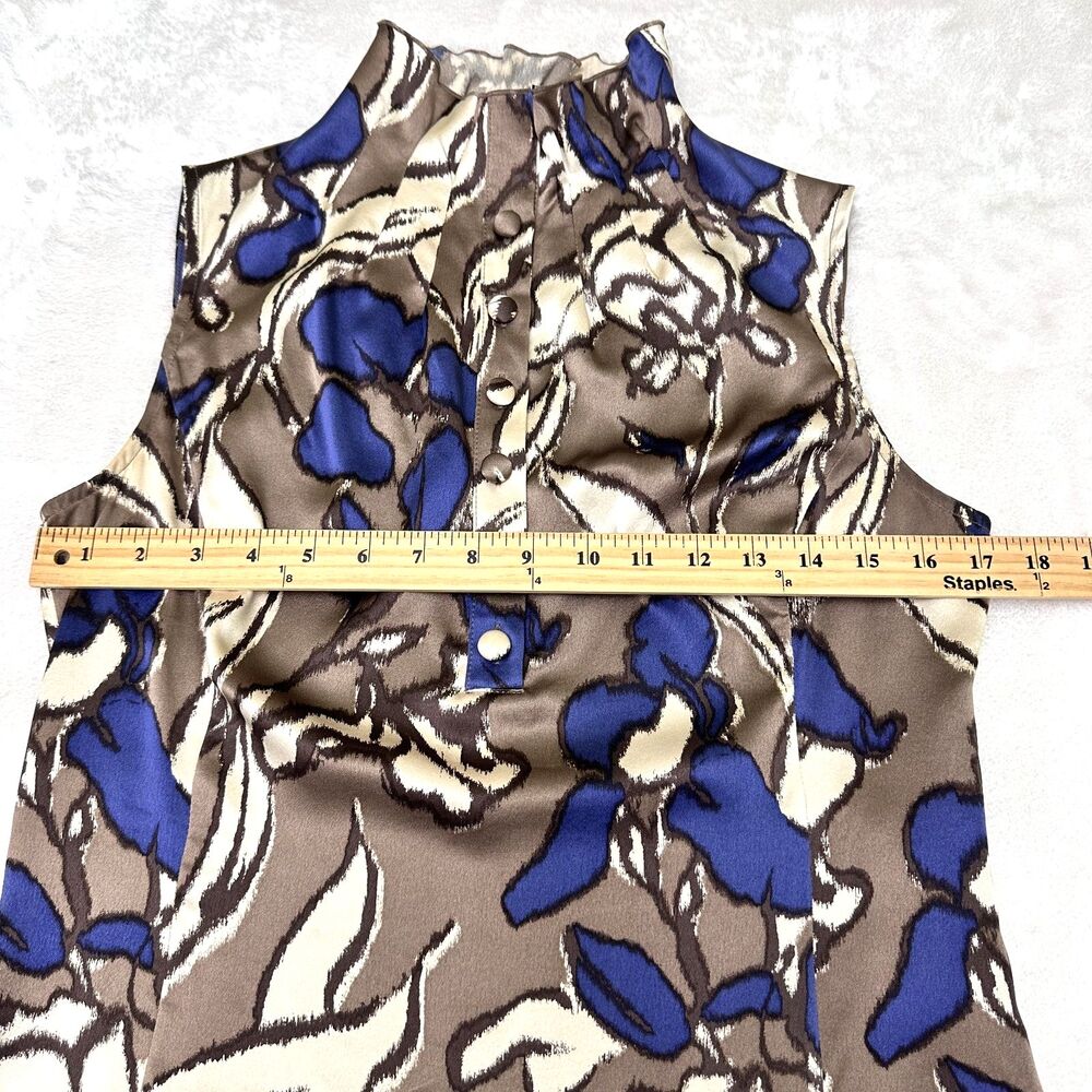 ETCETERA Women's Taupe/Blue Floral Silk Mock Neck Sleeveless Top Blouse Sz 6 - Picture 10 of 14